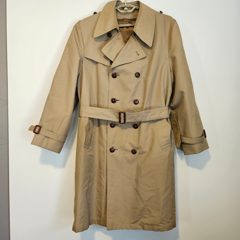 Vintage Sears Double Breasted Trench Coat Belted Mens 42 Beige Tan Detective
